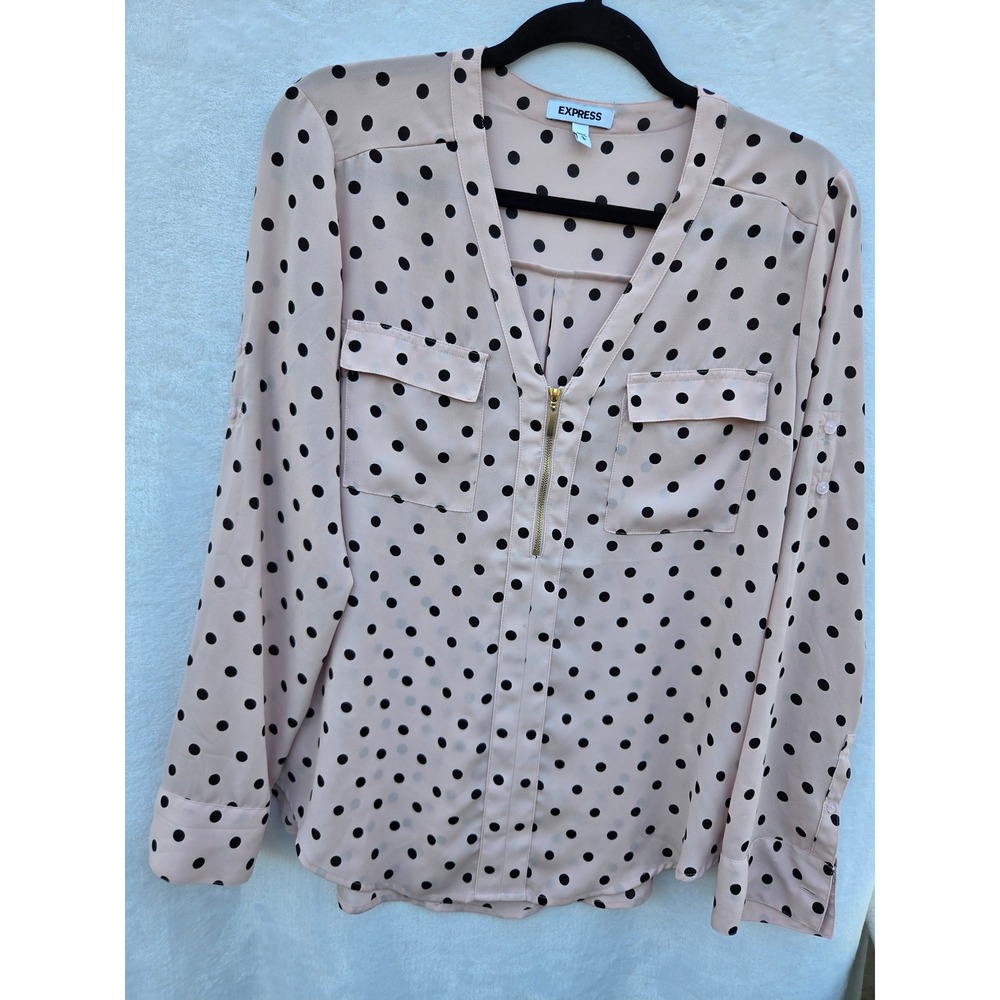 Express Polka Dot Blouse Women Med Pink Black Dots Excellent Roll Tab Delicate